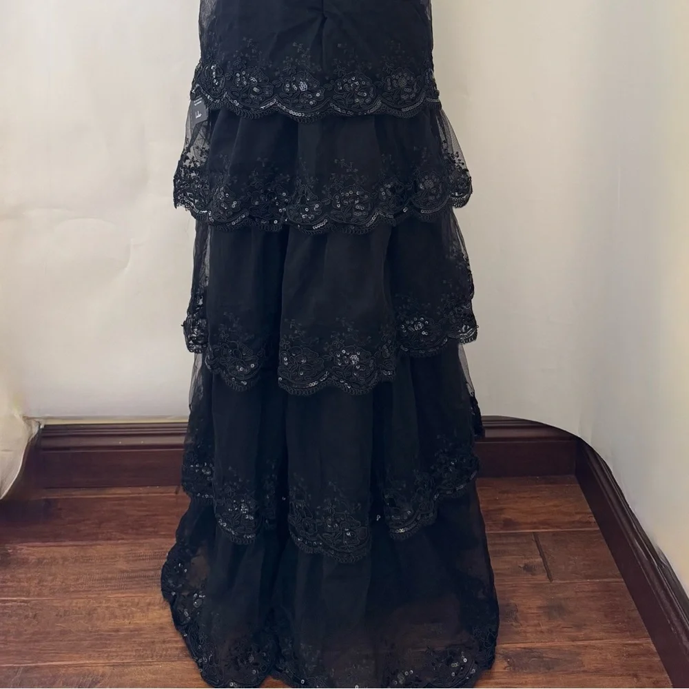 Lulus Alluring Sensation Black Tulle Embroidered Tiered Maxi Dress, Size XS, NWT - Picture 10 of 15